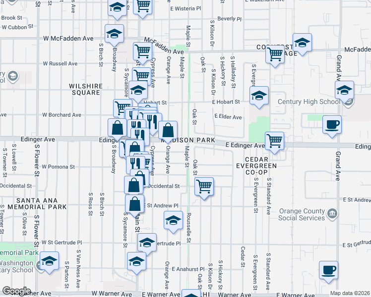 map of restaurants, bars, coffee shops, grocery stores, and more near 328 East Stanford Street in Santa Ana