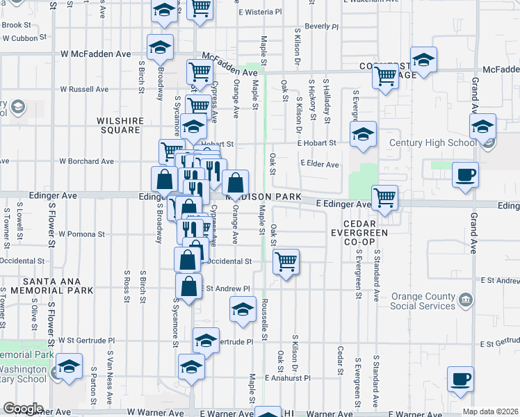 map of restaurants, bars, coffee shops, grocery stores, and more near 1512 Maple Street in Santa Ana