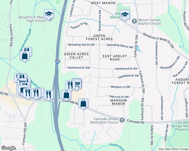 map of restaurants, bars, coffee shops, grocery stores, and more near 3293 Valleydale Drive Southwest in Atlanta