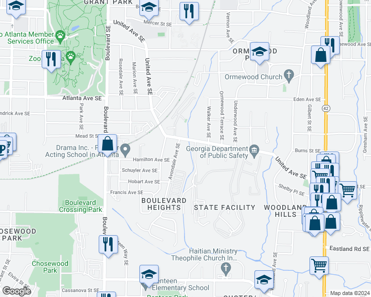 map of restaurants, bars, coffee shops, grocery stores, and more near 1104 Avondale Avenue Southeast in Atlanta