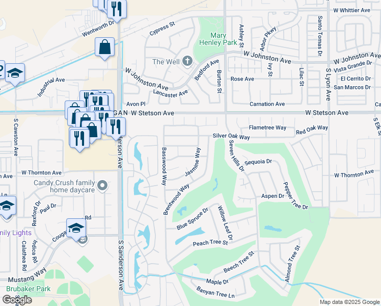 map of restaurants, bars, coffee shops, grocery stores, and more near 2746 Manzanita Way in Hemet