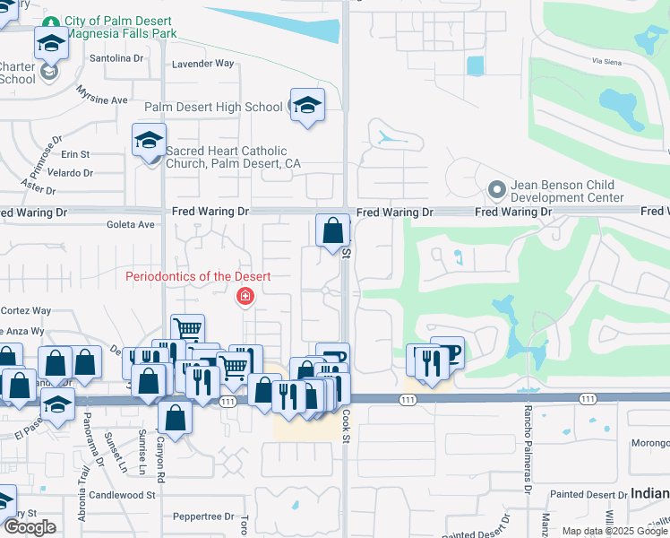 map of restaurants, bars, coffee shops, grocery stores, and more near 44115 Tahoe Circle in Indian Wells