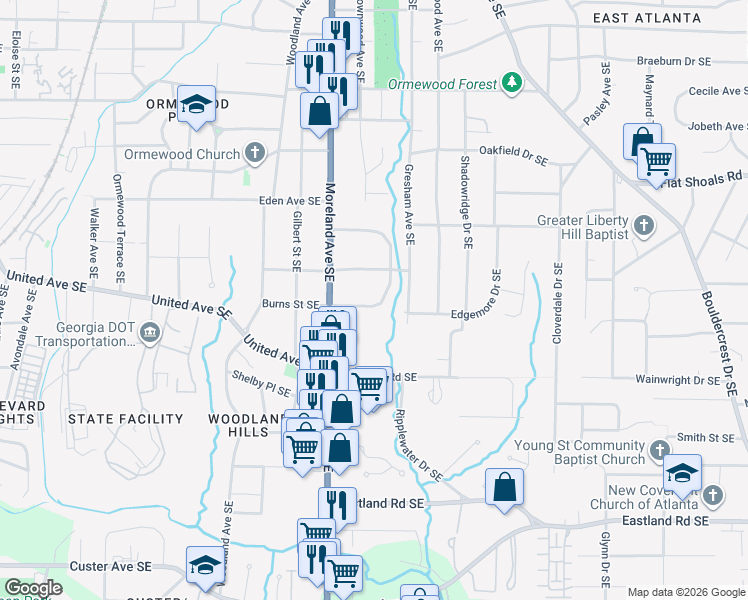 map of restaurants, bars, coffee shops, grocery stores, and more near 1219 Beechview Drive Southeast in Atlanta