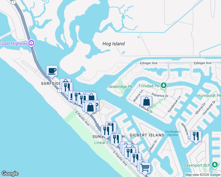 map of restaurants, bars, coffee shops, grocery stores, and more near 16291 Countess Drive in Huntington Beach
