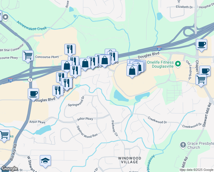 map of restaurants, bars, coffee shops, grocery stores, and more near 6824 Lakewood Terrace in Douglasville