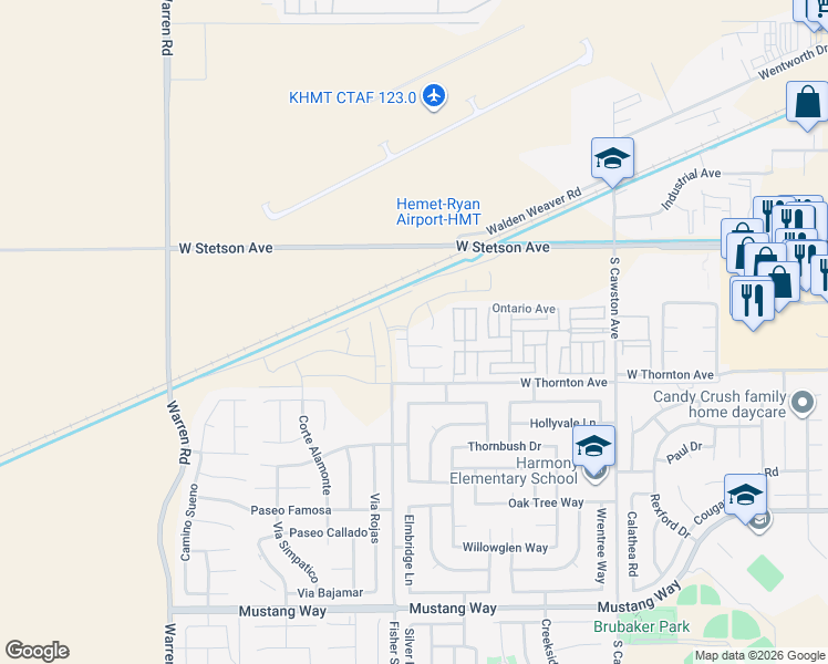 map of restaurants, bars, coffee shops, grocery stores, and more near 1232 Kingfisher Street in Hemet