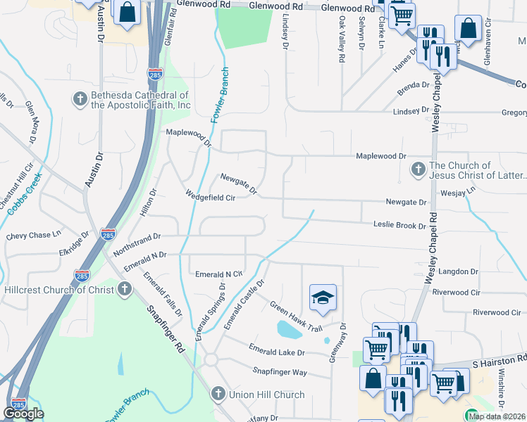 map of restaurants, bars, coffee shops, grocery stores, and more near 4126 Northstrand Drive in Decatur