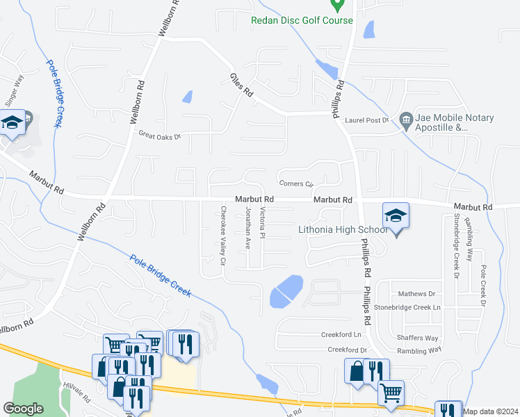 map of restaurants, bars, coffee shops, grocery stores, and more near 2123 Victoria Place in Lithonia