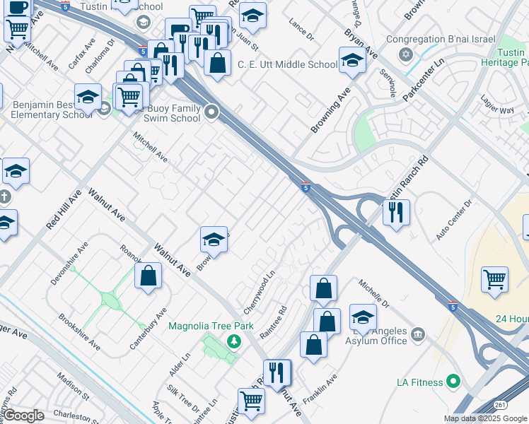 map of restaurants, bars, coffee shops, grocery stores, and more near 111 Madrid Street in Tustin