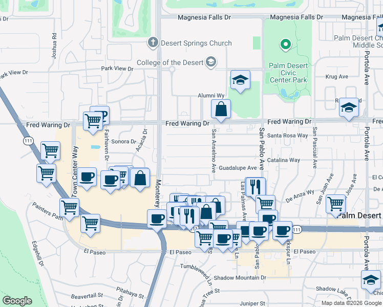 map of restaurants, bars, coffee shops, grocery stores, and more near 73163 Catalina Way in Palm Desert