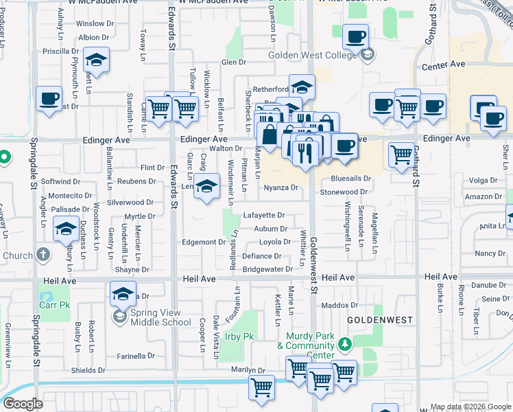 map of restaurants, bars, coffee shops, grocery stores, and more near 6792 Laurelhurst Drive in Huntington Beach