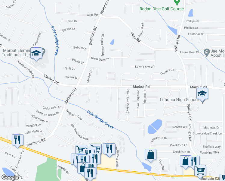 map of restaurants, bars, coffee shops, grocery stores, and more near 2122 Tiffany Lane in Lithonia