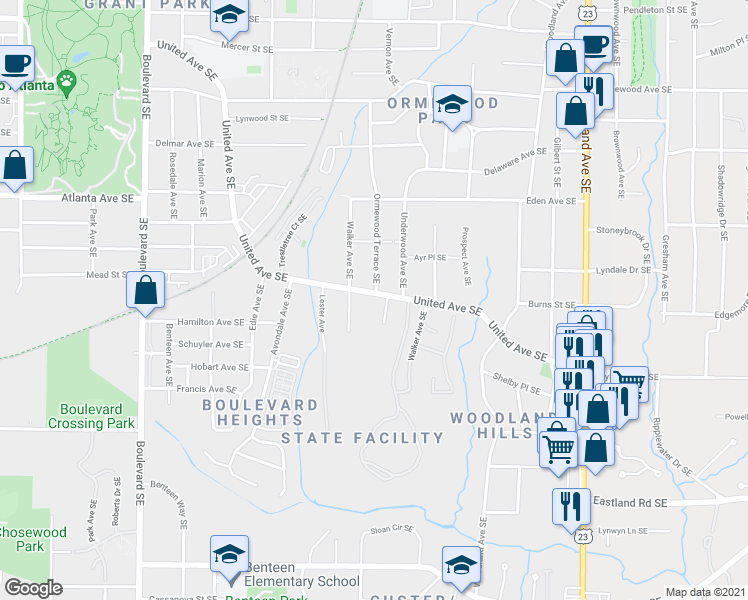 map of restaurants, bars, coffee shops, grocery stores, and more near 913 United Avenue Southeast in Atlanta