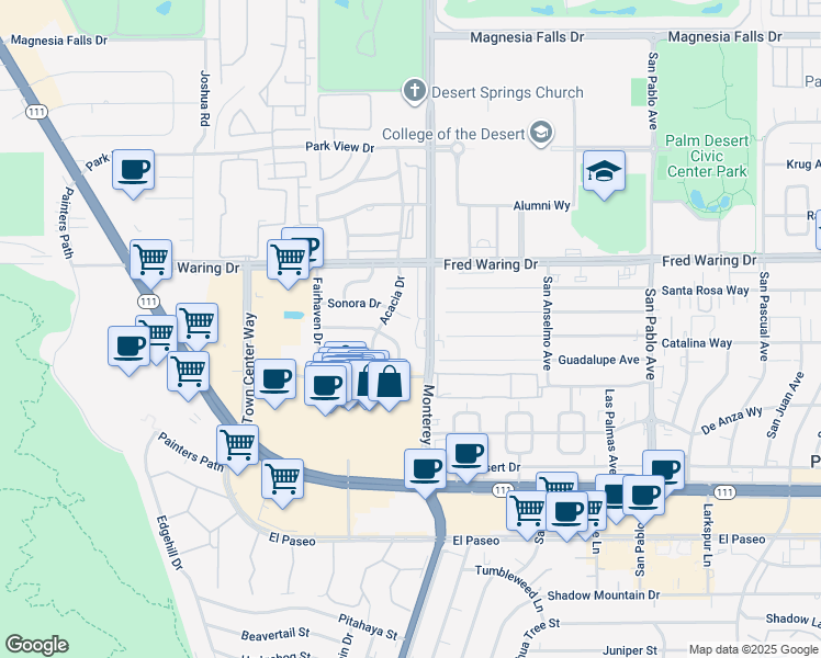 map of restaurants, bars, coffee shops, grocery stores, and more near 72883 Sierra Vista Drive in Palm Desert