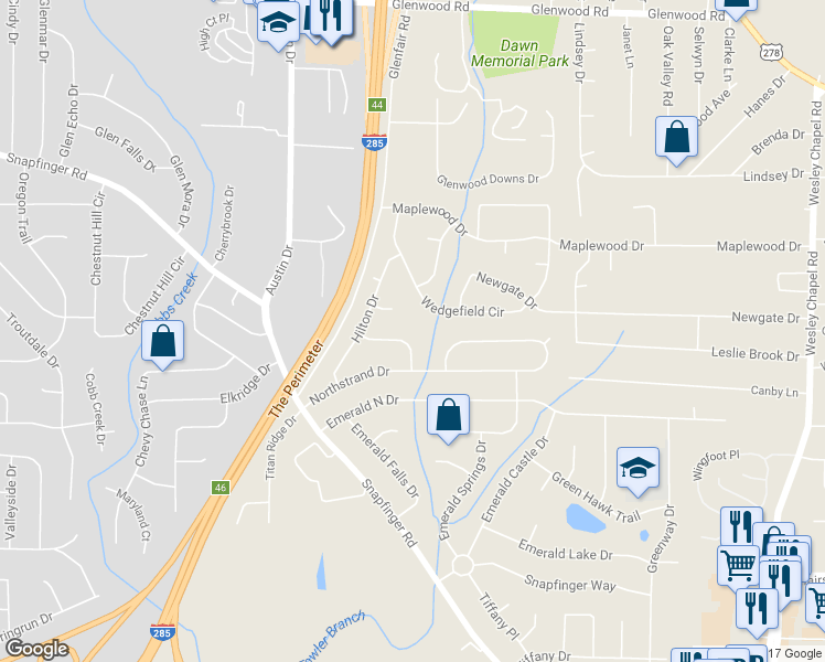 map of restaurants, bars, coffee shops, grocery stores, and more near 3900 Bressler Circle in Decatur