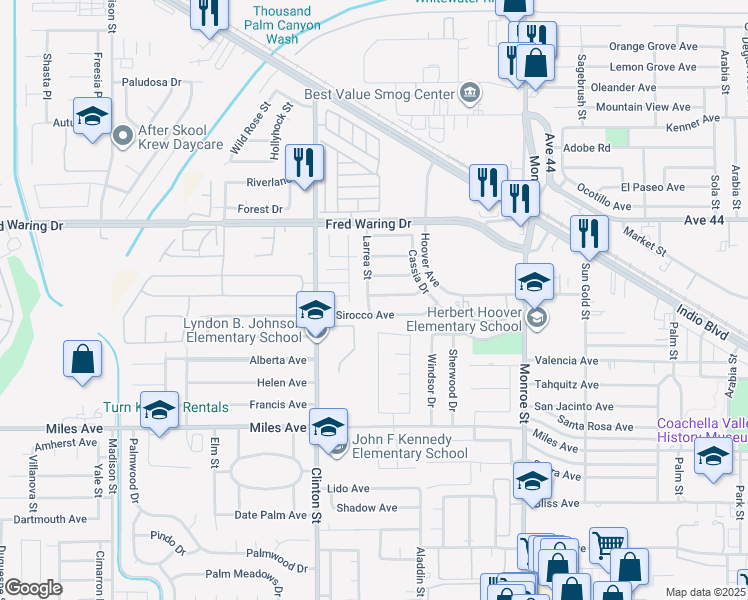 map of restaurants, bars, coffee shops, grocery stores, and more near 81679 Sirocco Avenue in Indio