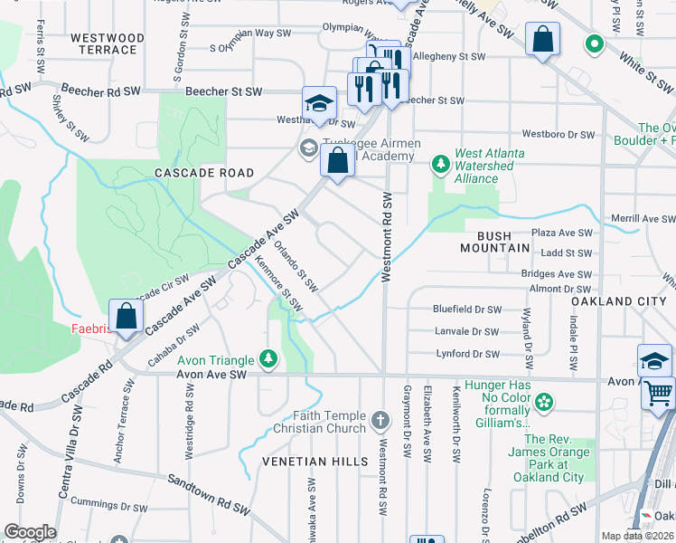 map of restaurants, bars, coffee shops, grocery stores, and more near 1064 Orlando Place Southwest in Atlanta