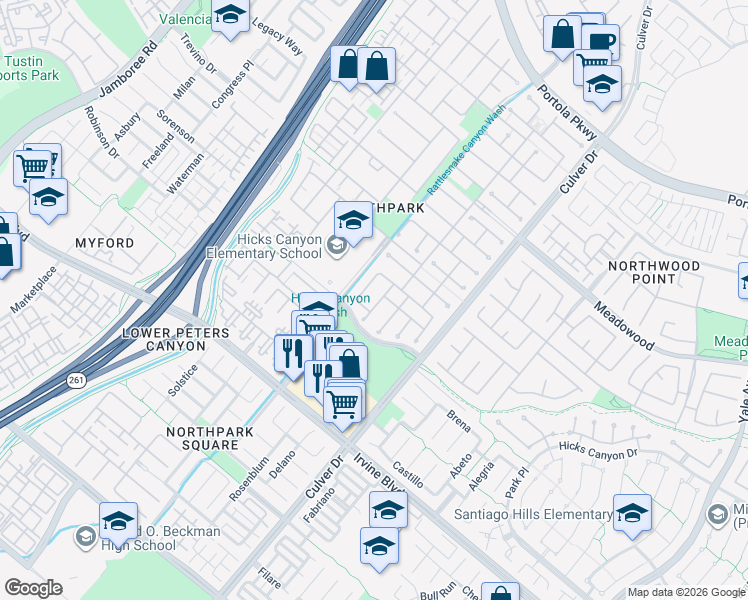 map of restaurants, bars, coffee shops, grocery stores, and more near 11 Benicia in Irvine