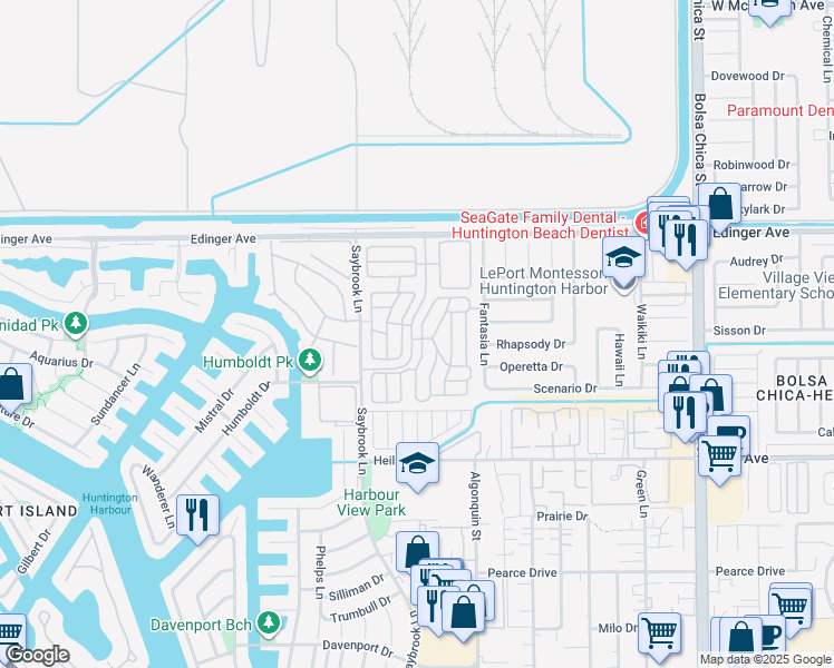 map of restaurants, bars, coffee shops, grocery stores, and more near 16222 Monterey Lane in Huntington Beach