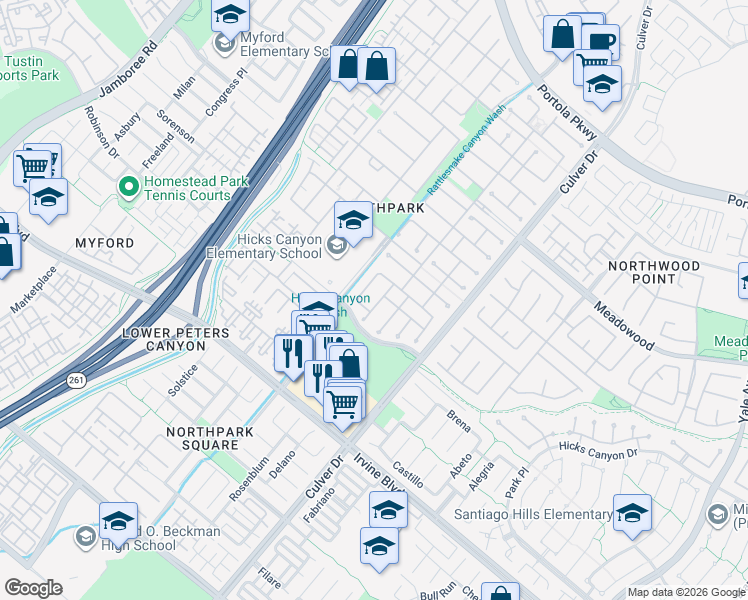 map of restaurants, bars, coffee shops, grocery stores, and more near in Irvine