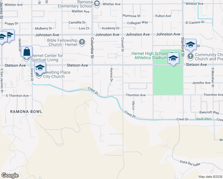 map of restaurants, bars, coffee shops, grocery stores, and more near 41150 Nona Court in Hemet