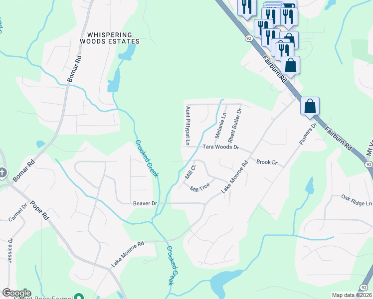 map of restaurants, bars, coffee shops, grocery stores, and more near 3065 Tara Woods Drive in Douglasville