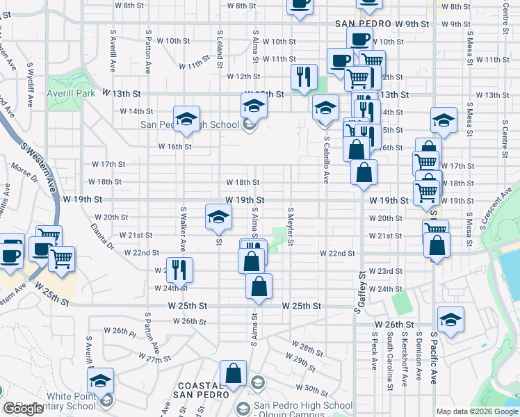 map of restaurants, bars, coffee shops, grocery stores, and more near 1916 South Alma Street in Los Angeles