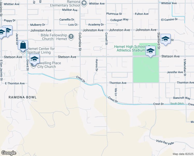 map of restaurants, bars, coffee shops, grocery stores, and more near 41150 Nona Court in Hemet