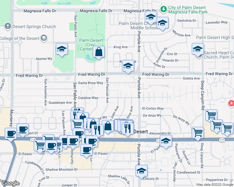 map of restaurants, bars, coffee shops, grocery stores, and more near 73789 Catalina Way in Palm Desert
