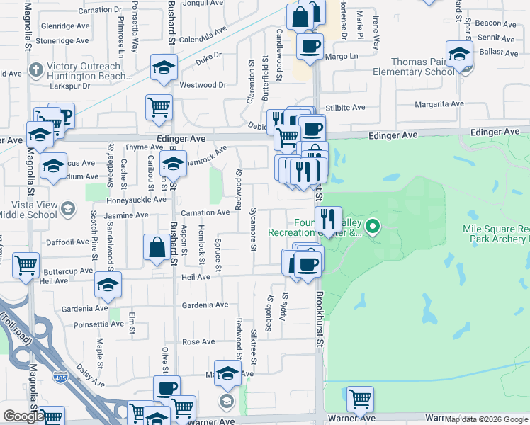 map of restaurants, bars, coffee shops, grocery stores, and more near 16337 Sycamore Street in Fountain Valley