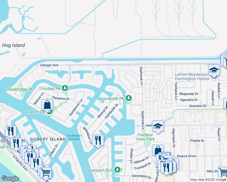 map of restaurants, bars, coffee shops, grocery stores, and more near 4037 Mistral Drive in Huntington Beach