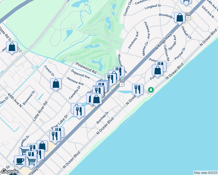 map of restaurants, bars, coffee shops, grocery stores, and more near 5200 North Kings Highway in Myrtle Beach