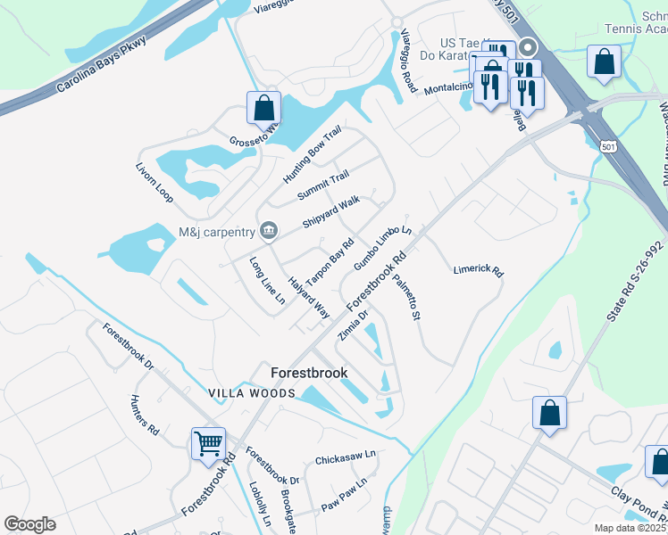 map of restaurants, bars, coffee shops, grocery stores, and more near 724 Tarpon Court in Myrtle Beach