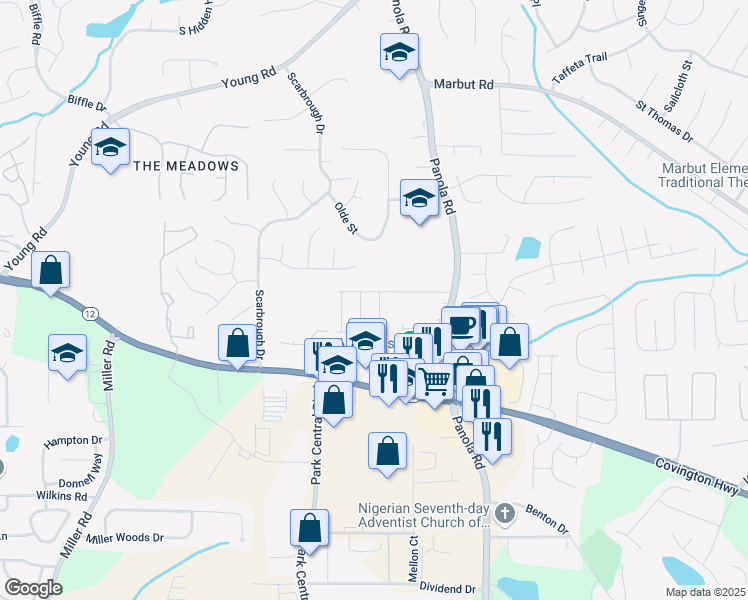 map of restaurants, bars, coffee shops, grocery stores, and more near 2230 Mulsanne Drive in Lithonia