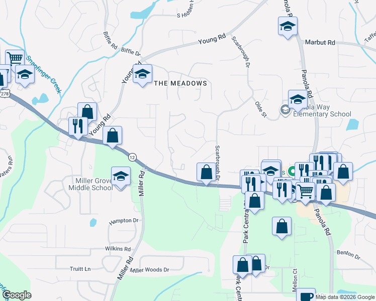 map of restaurants, bars, coffee shops, grocery stores, and more near 5160 Scarbrough Lane in Stone Mountain