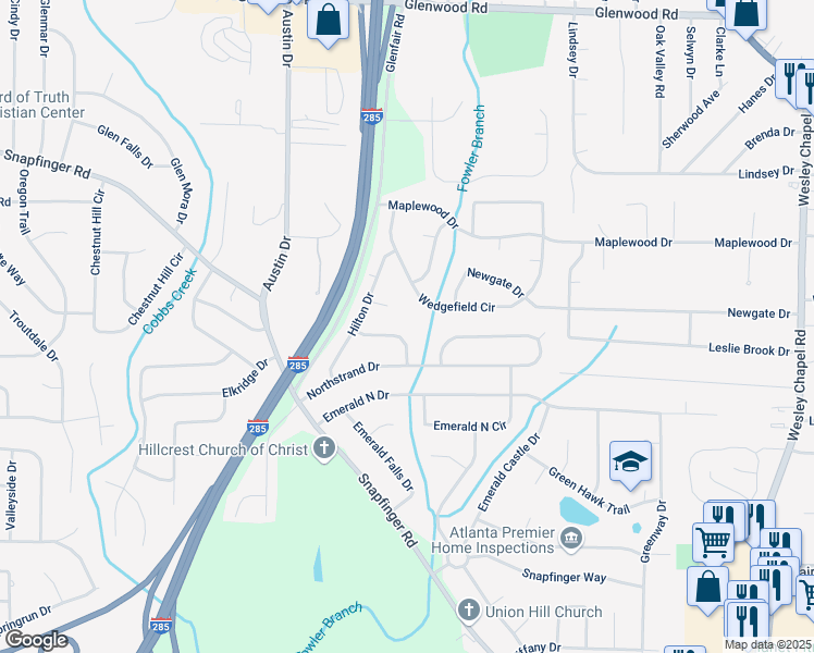 map of restaurants, bars, coffee shops, grocery stores, and more near 3900 Bressler Circle in Decatur
