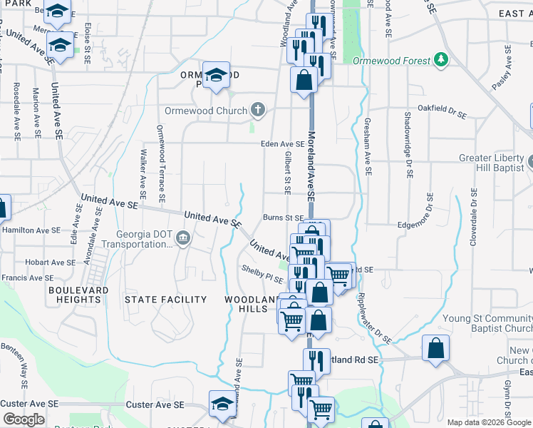 map of restaurants, bars, coffee shops, grocery stores, and more near Burns Street Southeast in Atlanta