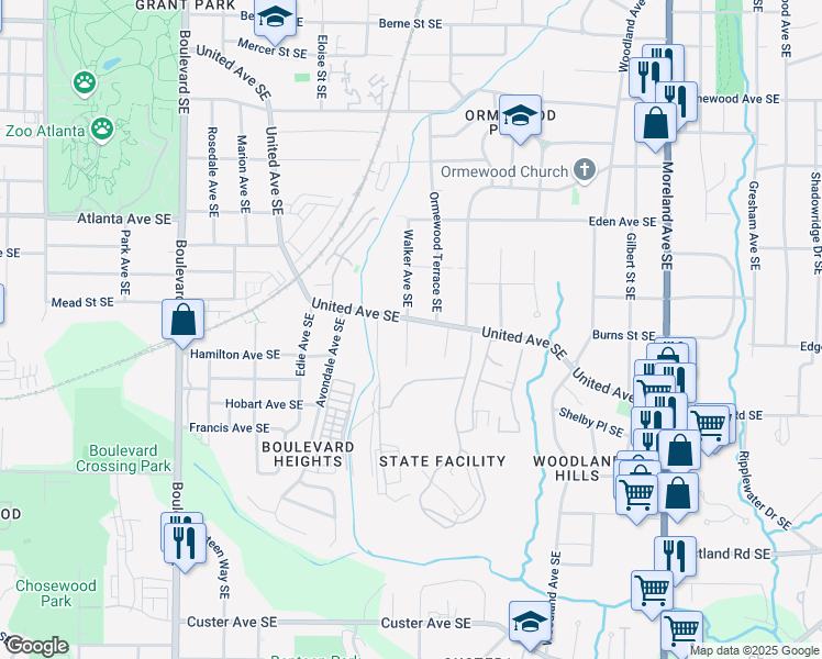 map of restaurants, bars, coffee shops, grocery stores, and more near 901 United Avenue Southeast in Atlanta