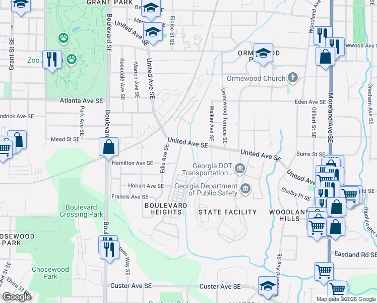 map of restaurants, bars, coffee shops, grocery stores, and more near 1049 Lester Avenue in Atlanta