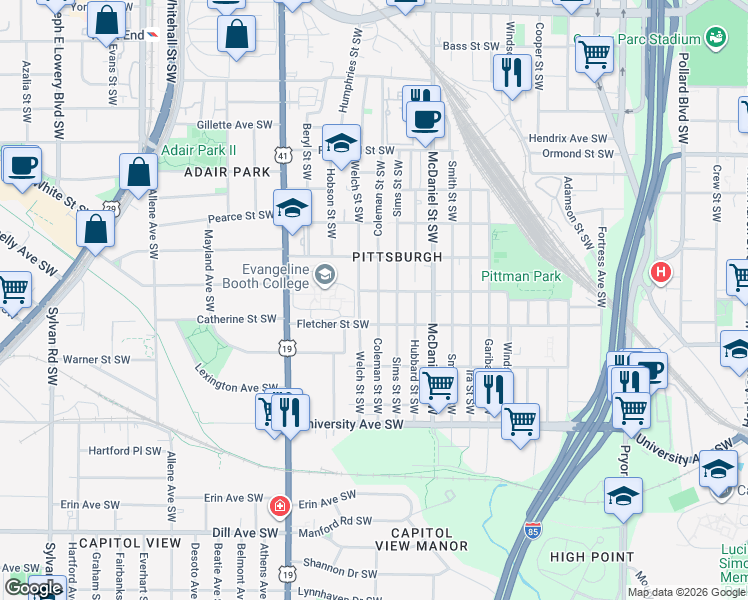 map of restaurants, bars, coffee shops, grocery stores, and more near 1035 Coleman Street Southwest in Atlanta