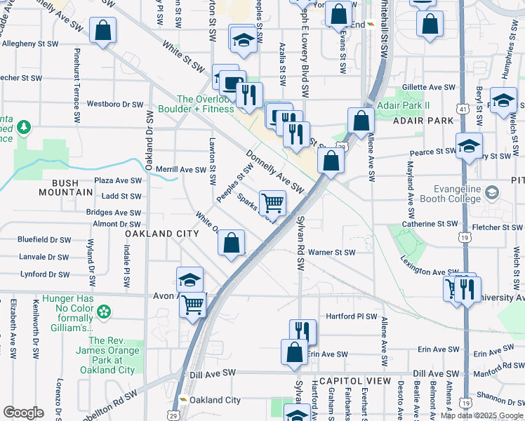 map of restaurants, bars, coffee shops, grocery stores, and more near 995 Sparks Street Southwest in Atlanta