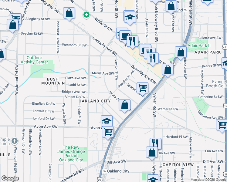 map of restaurants, bars, coffee shops, grocery stores, and more near 1073 Peeples Street Southwest in Atlanta