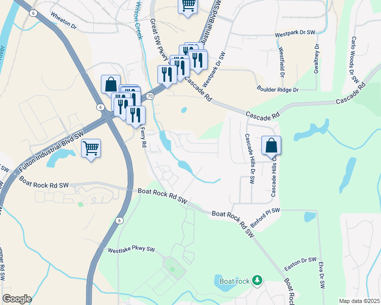 map of restaurants, bars, coffee shops, grocery stores, and more near 5491 Cascade Run in Atlanta
