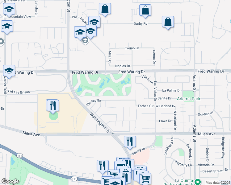map of restaurants, bars, coffee shops, grocery stores, and more near 78380 Vía Sevilla in La Quinta