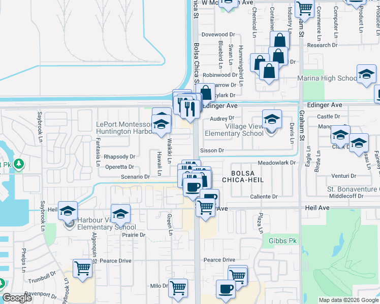 map of restaurants, bars, coffee shops, grocery stores, and more near 4951 Maui Circle in Huntington Beach