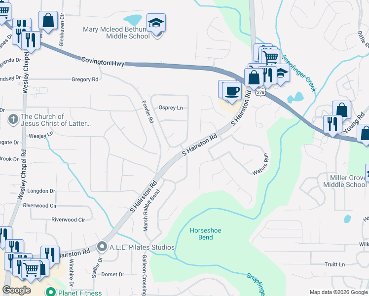 map of restaurants, bars, coffee shops, grocery stores, and more near 2350 Marsh Rabbit Lane in Decatur