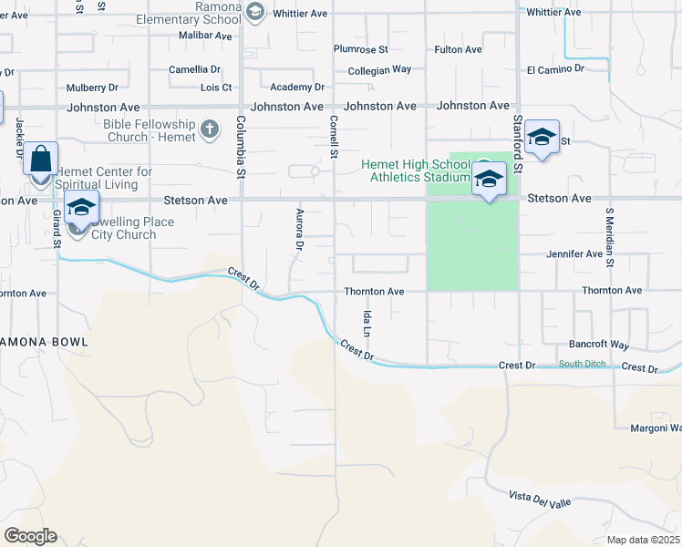 map of restaurants, bars, coffee shops, grocery stores, and more near 27208 Cornell Street in Hemet