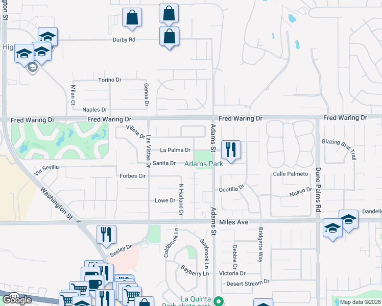 map of restaurants, bars, coffee shops, grocery stores, and more near 78875 La Palma Drive in La Quinta