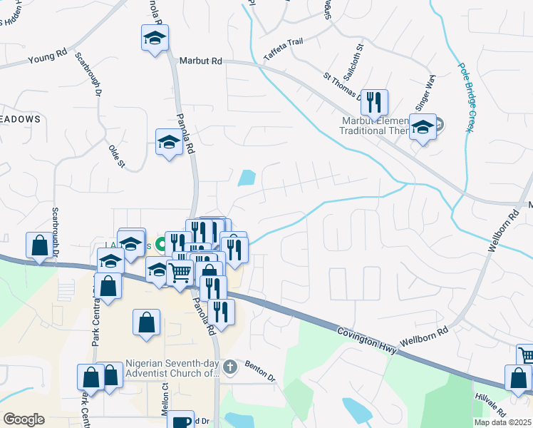 map of restaurants, bars, coffee shops, grocery stores, and more near 2457 Briar Knoll Road in Lithonia