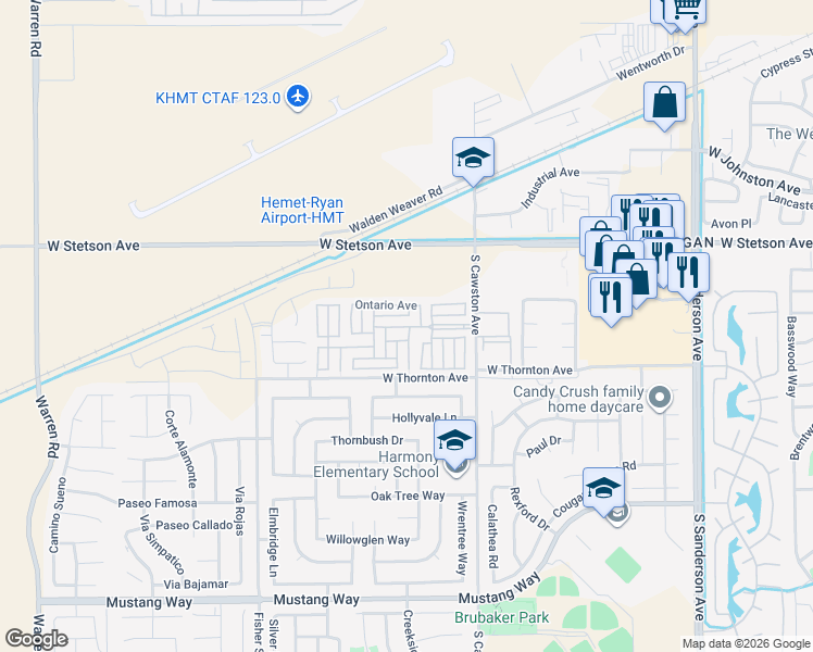 map of restaurants, bars, coffee shops, grocery stores, and more near 1295 South Cawston Avenue in Hemet